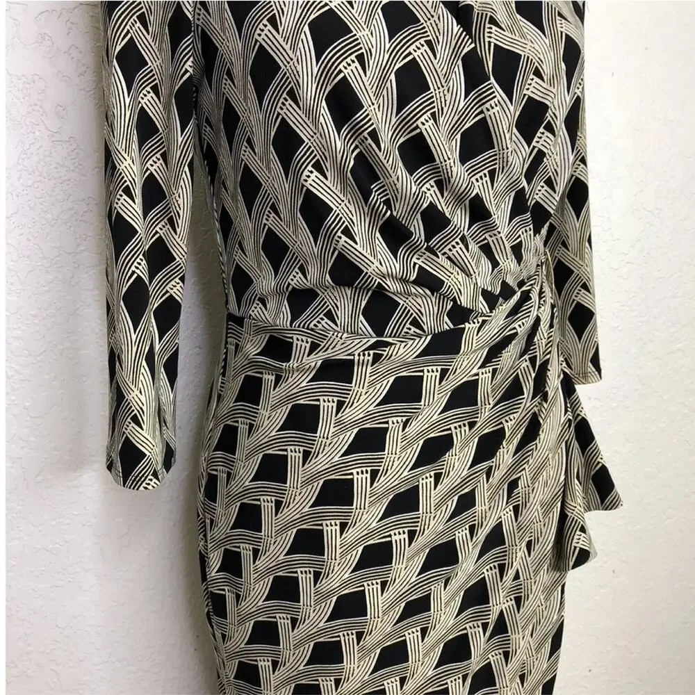 WHBM cream black art deco geometric faux wrap midi dress size 4
